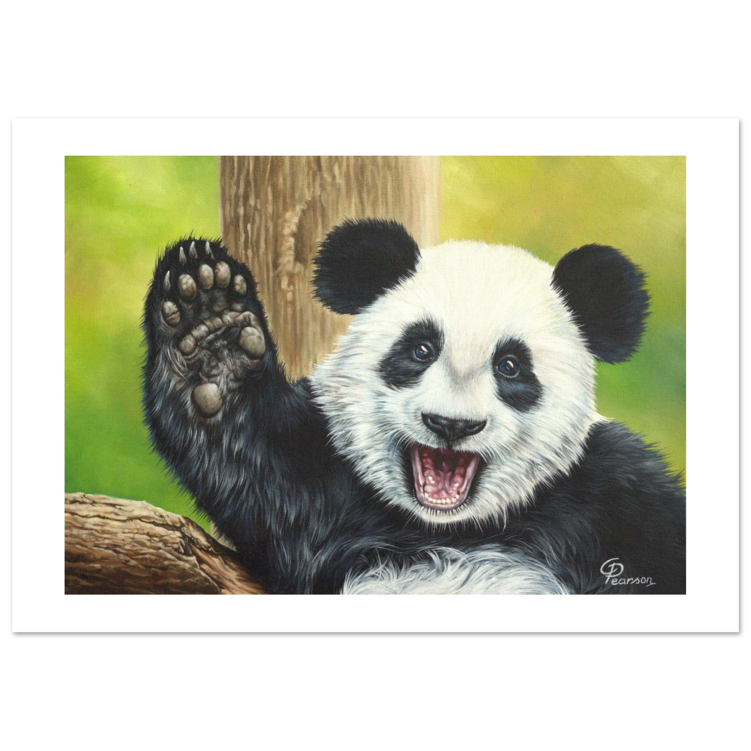 Painting of a panda bear waving with a green background