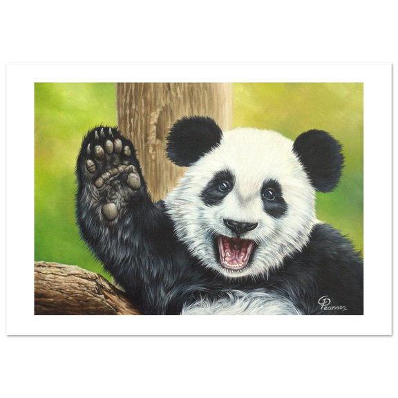 Painting of a panda bear waving with a green background