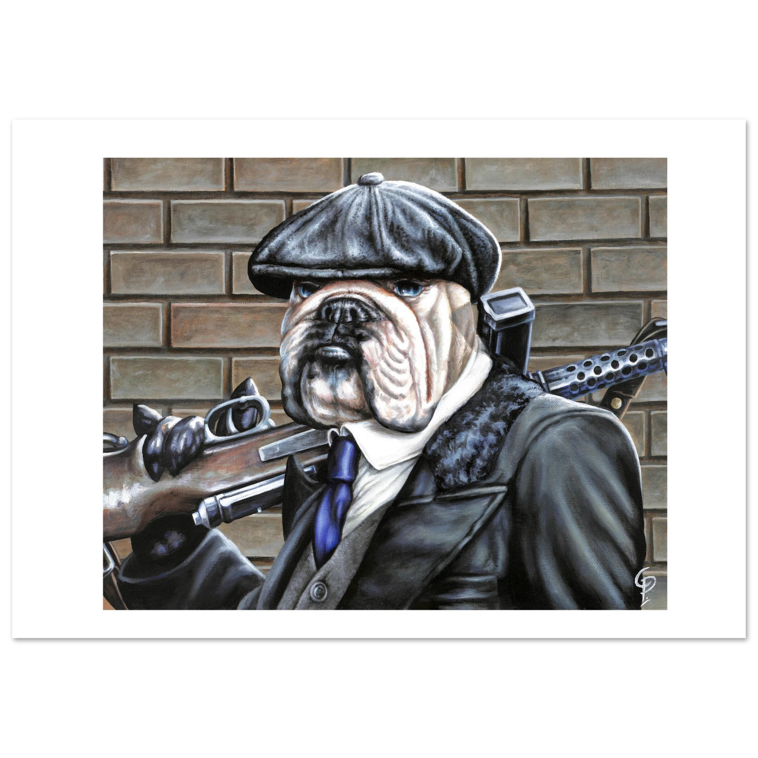 Dog wearing a coat, hat, and tie with a rifle against a brick wall.