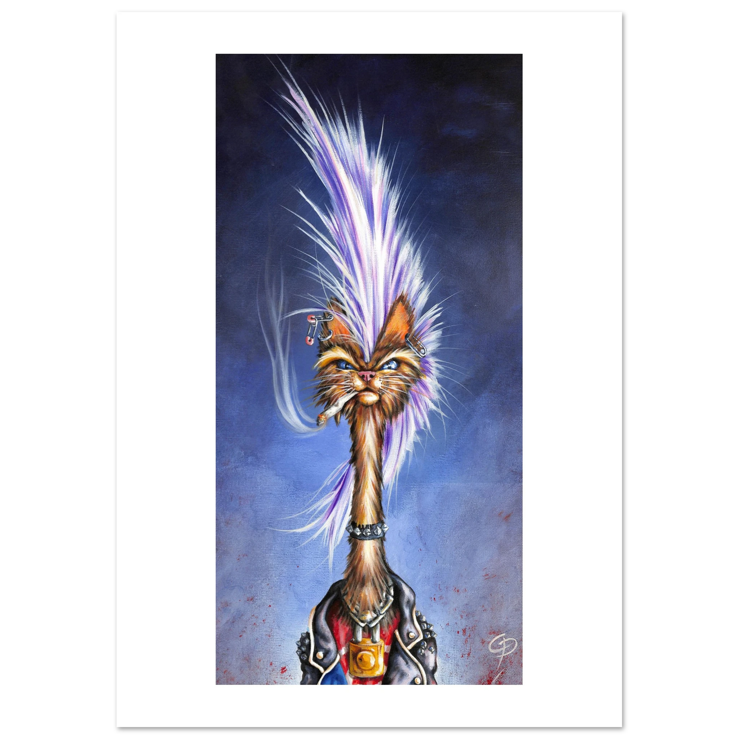 Colorful illustration of a cat with a vibrant mane against a dark background