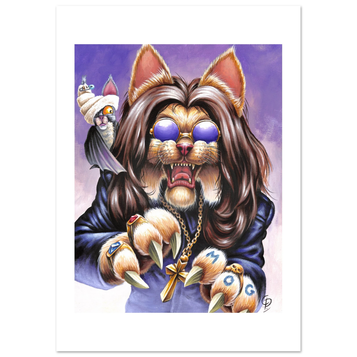Cartoon cat with sunglasses and a robe holding a 'Mog' pendant on a purple background