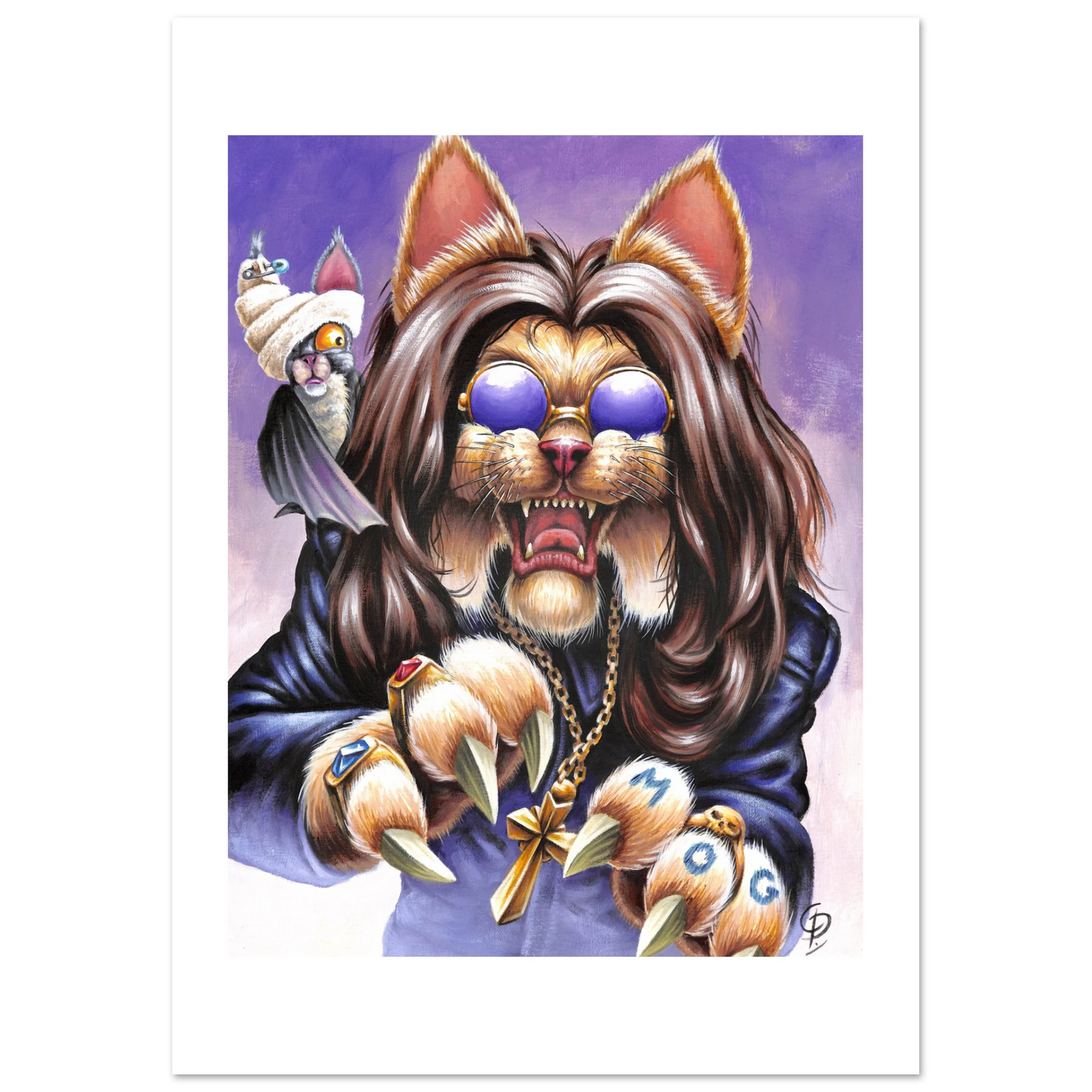 Cartoon cat with sunglasses and a robe holding a 'Mog' pendant on a purple background