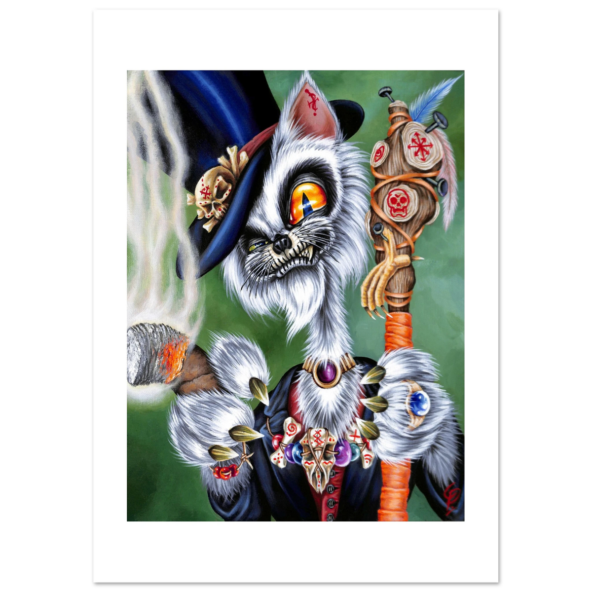 Fantasy cat character with a top hat, staff, and colorful attire on a green background