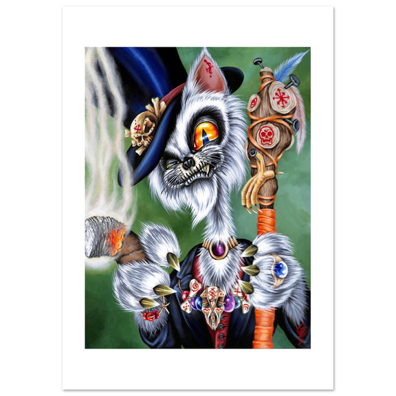 Fantasy cat character with a top hat, staff, and colorful attire on a green background