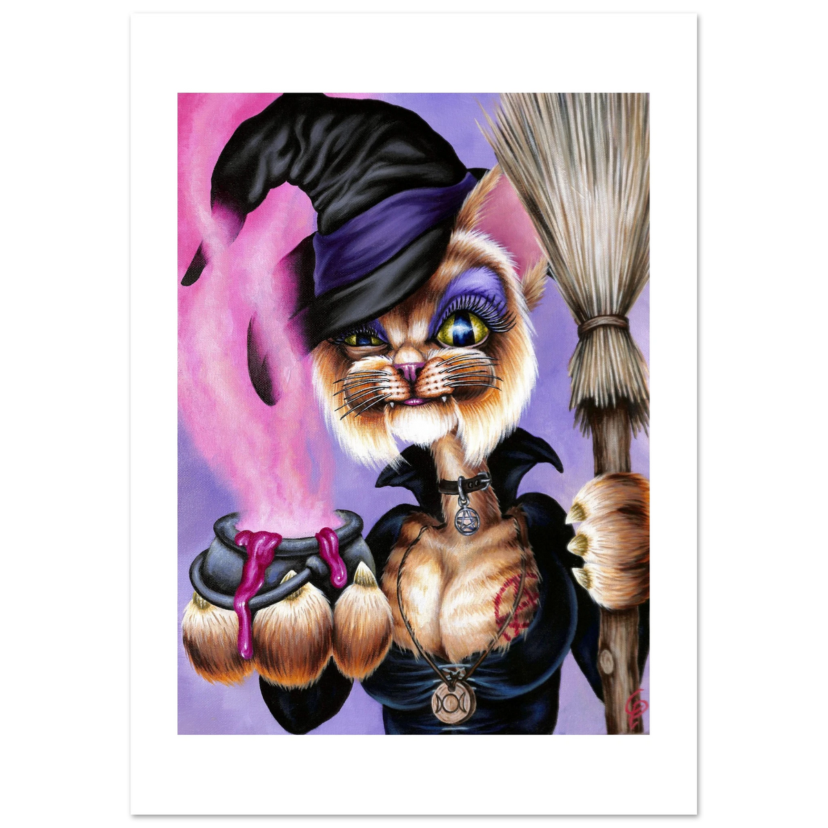 Cartoon cat in a witch costume with a broom and cauldron on a purple background