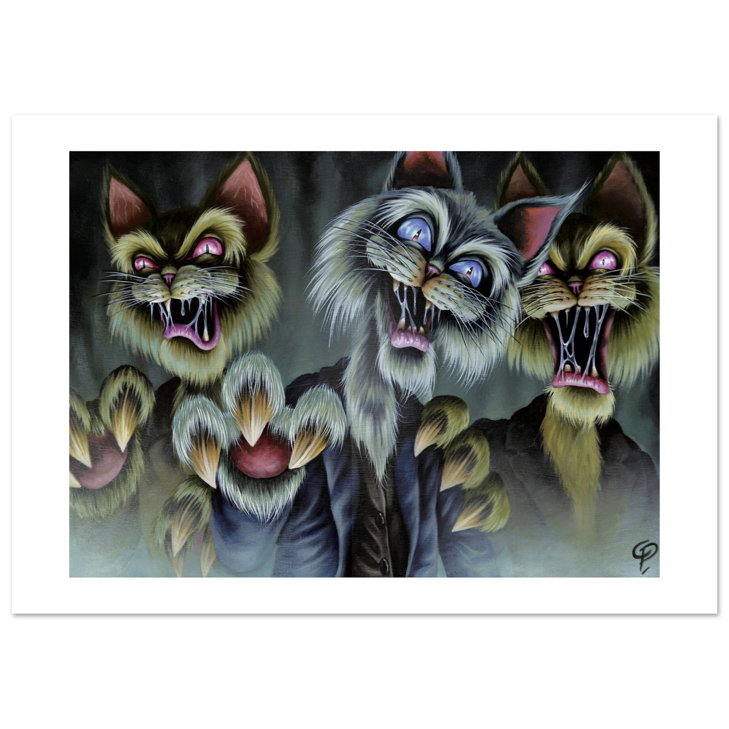 Three cartoonish cat-like creatures with open mouths showing teeth on a dark background.