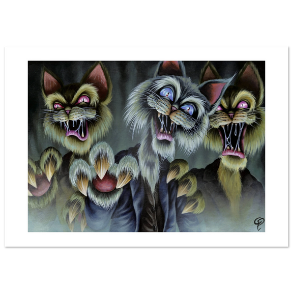 Three cartoonish cat-like creatures with open mouths showing teeth on a dark background.