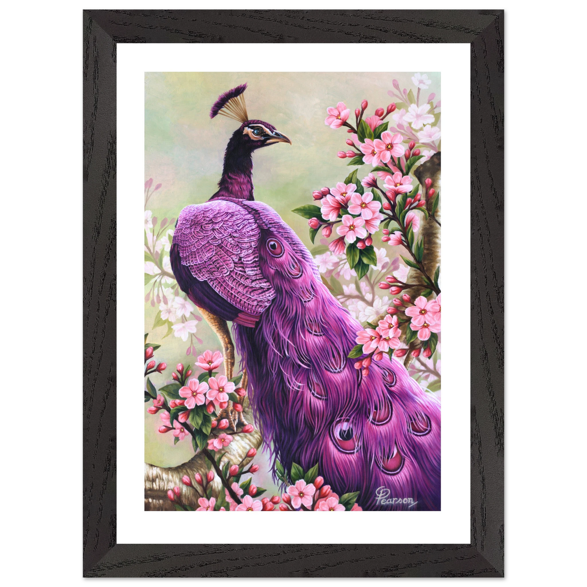 Framed artwork of a purple peacock among pink flowers