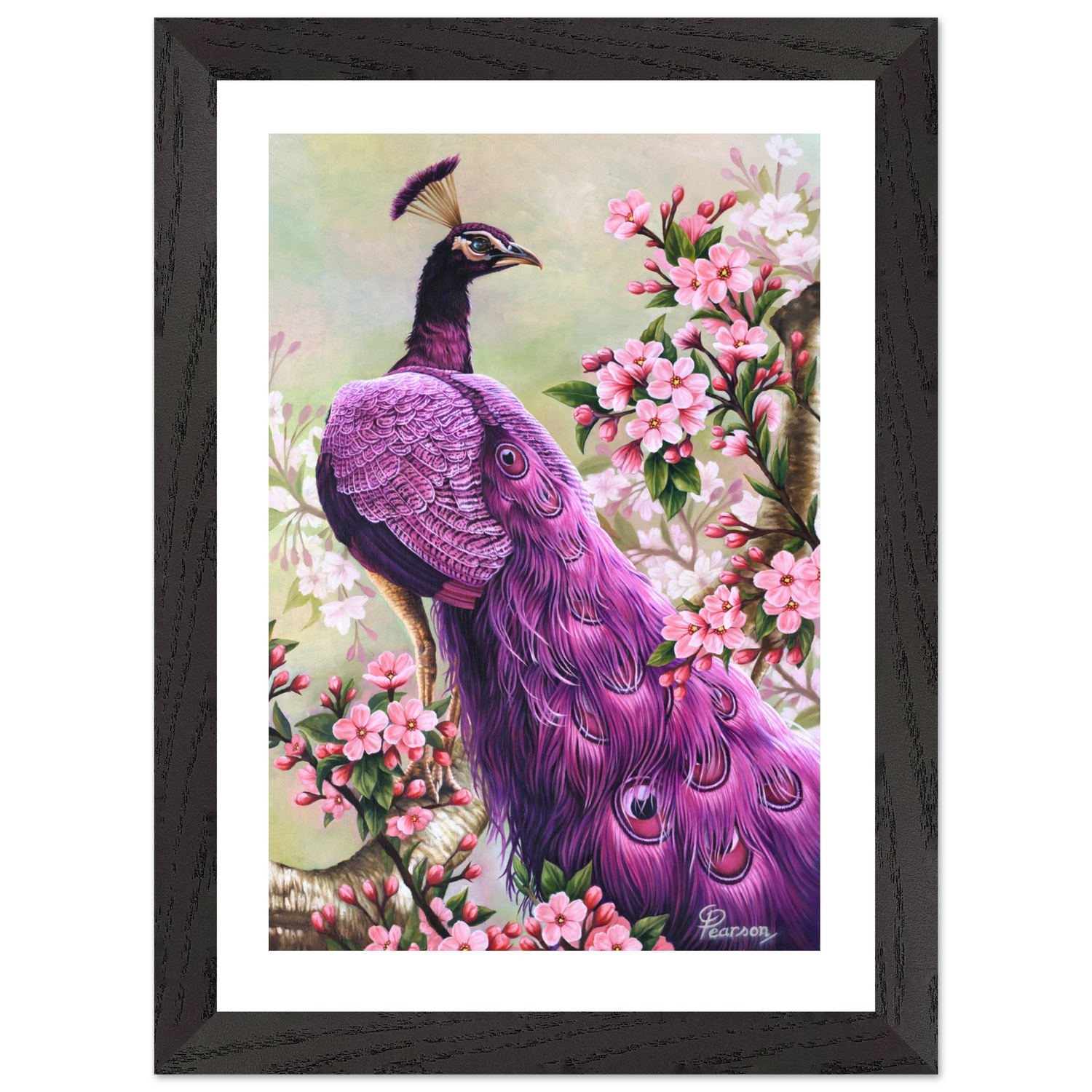 Framed artwork of a purple peacock among pink flowers