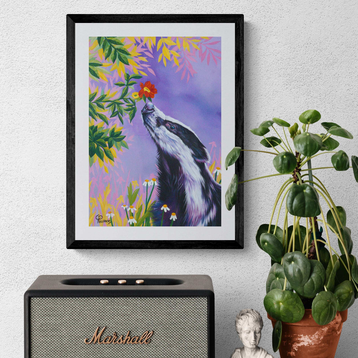 badger sniffing flower