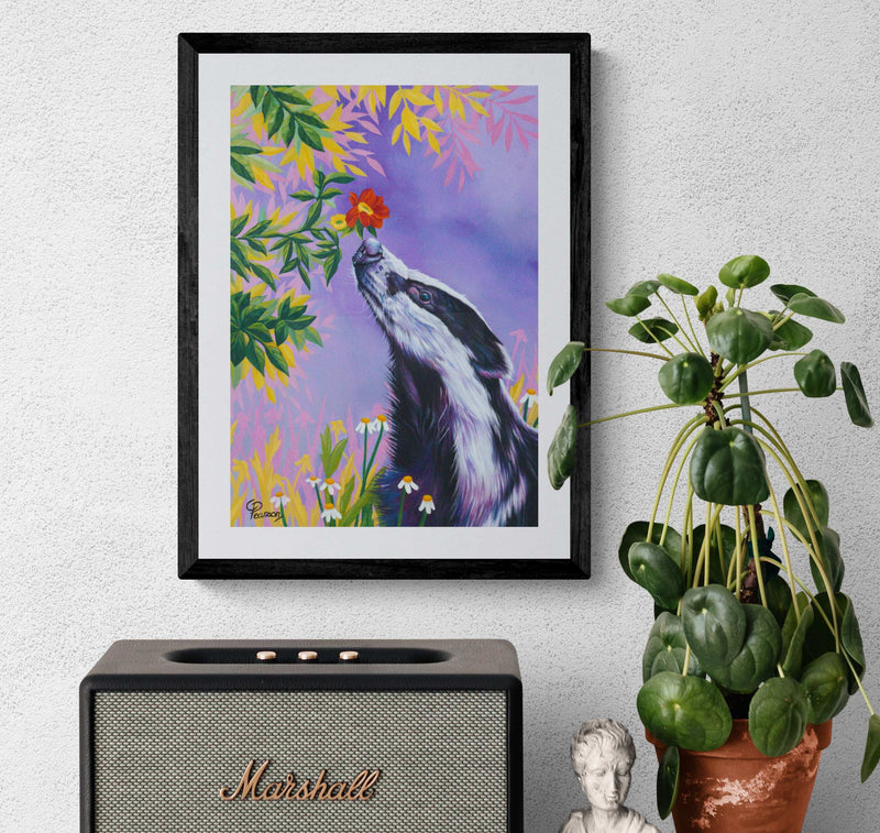 badger sniffing flower