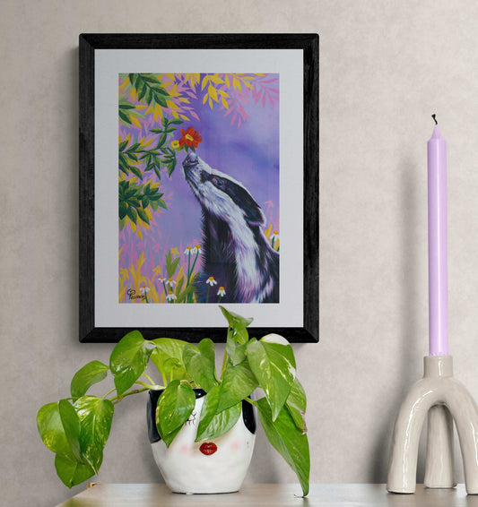 badger sniffing flower