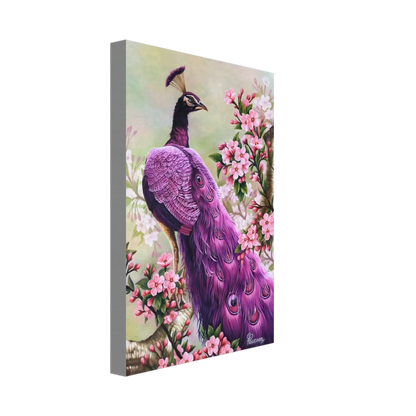 Canvas print of a purple peacock among flowers on a white background