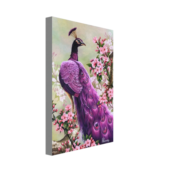 Canvas print of a purple peacock among flowers on a white background
