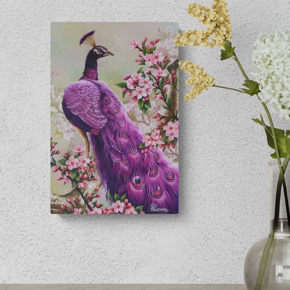 Canvas print of a purple peacock among flowers on a wall.