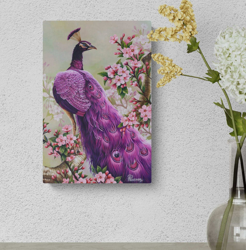 Canvas print of a purple peacock among flowers on a wall.
