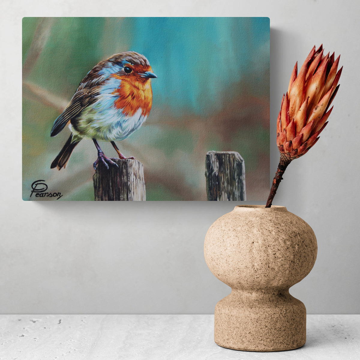 Painting of a robin on a wooden post with a vase containing flowers on a white surface.