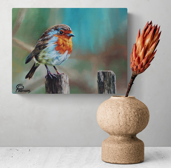 Painting of a robin on a wooden post with a vase containing flowers on a white surface.